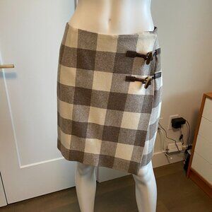 Pendleton Oregon Tweed Check Wool Faux Wrap Skirt Horn Detail Tan + Cream Sz 6P